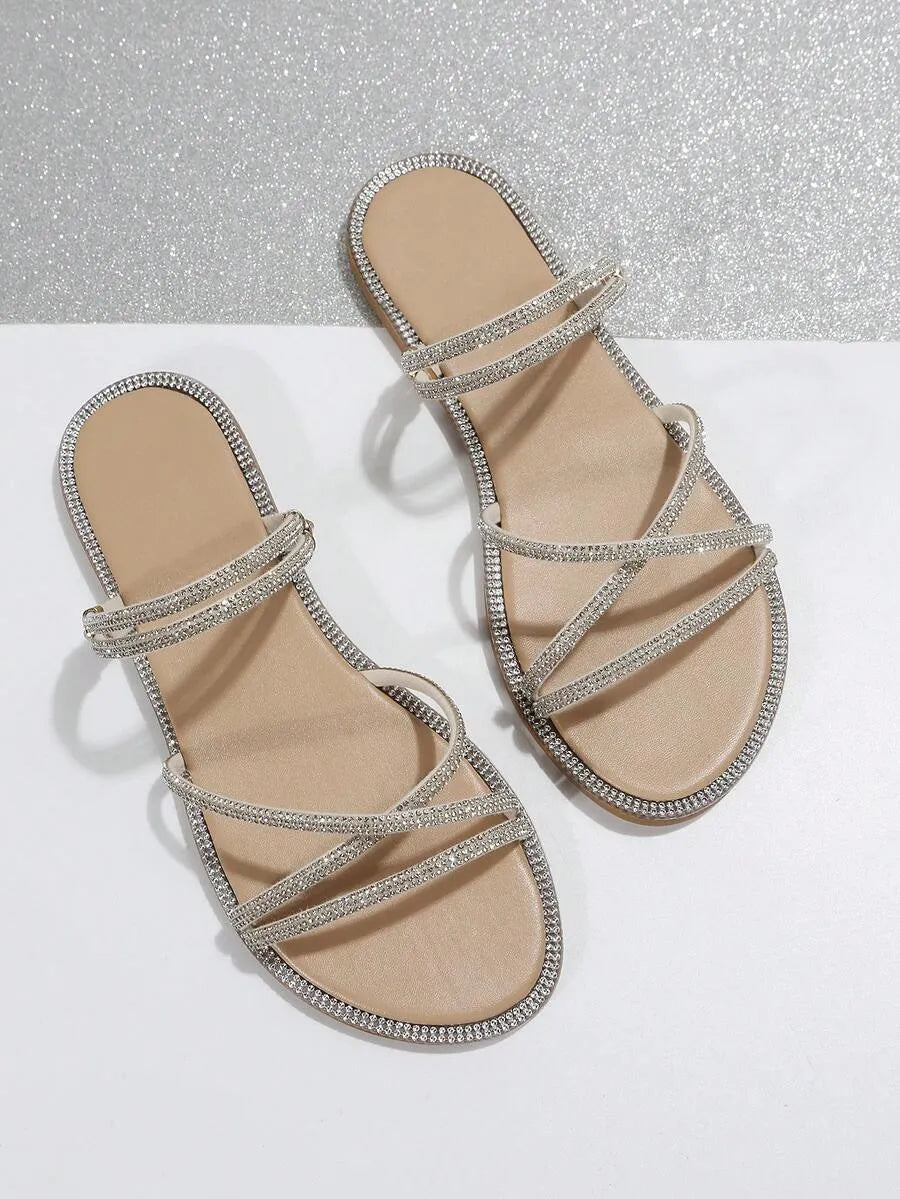 Minimalist, lightweight, open-toe, summer, new arrivals, crisscross design, glass rhinestones, women's, outdoor, beach, dual-purpose sandals
