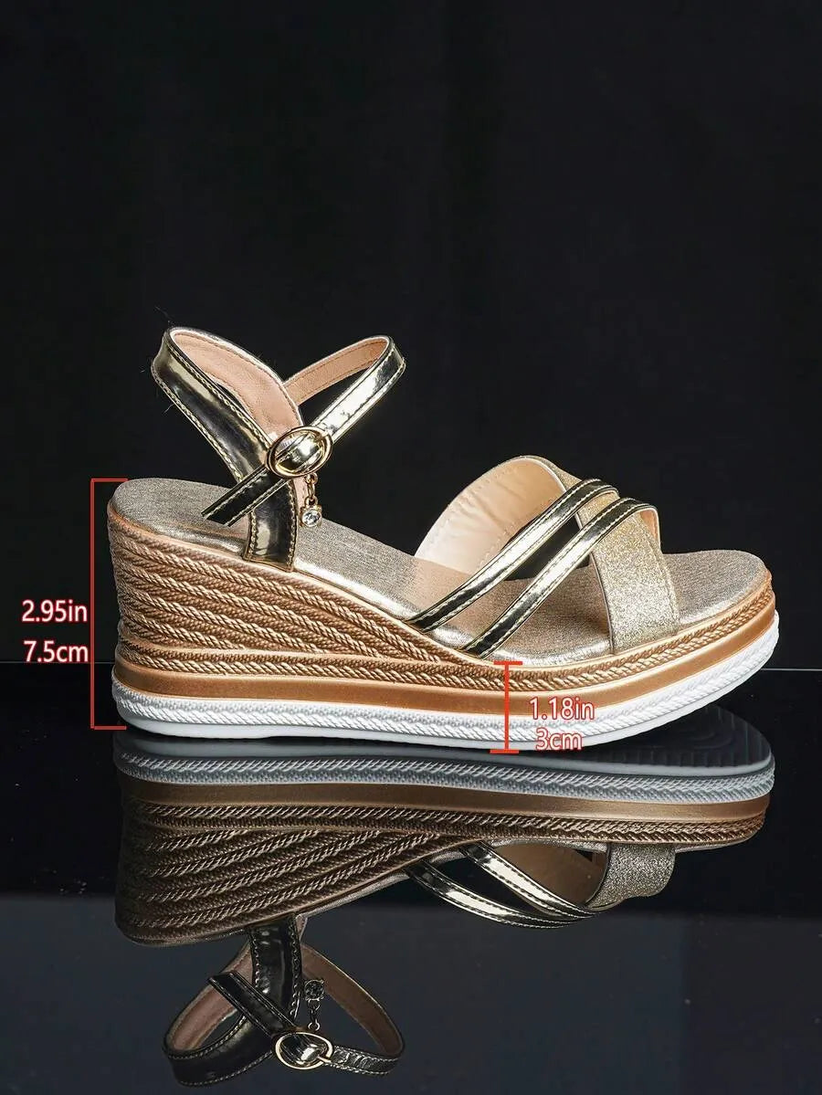 New Summer Women's Chunky-Heeled Sandals, Bohemian Style, Sexy Rhinestone Design, Comfortable and Lightweight, Height-Enhancing, Beach Sandals