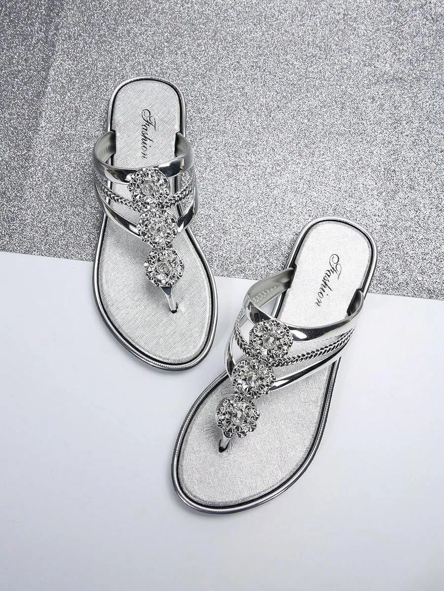 Summer Elegant Flat Sandals and Flip-Flops with Rhinestone Accents