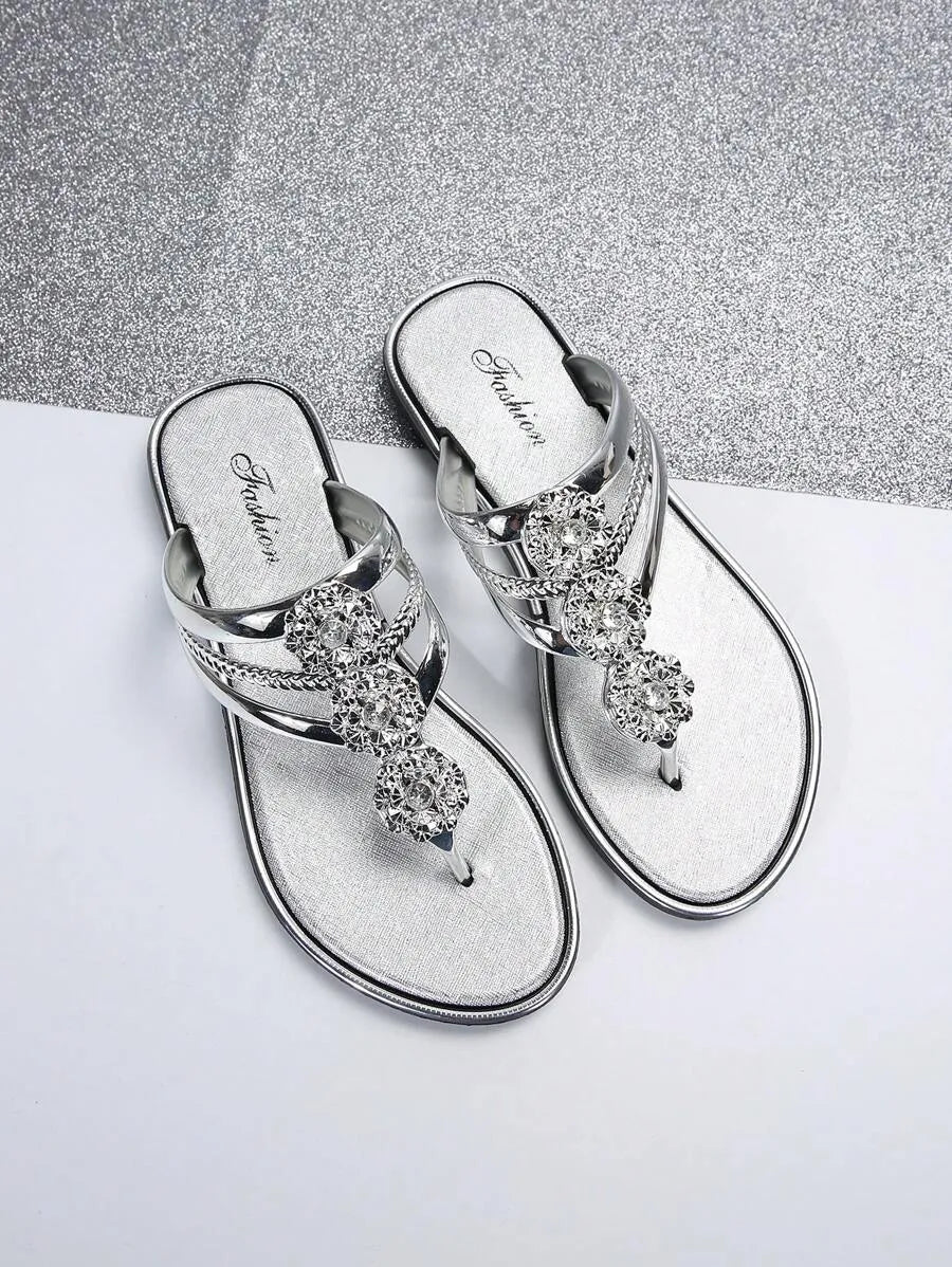 Summer Elegant Flat Sandals and Flip-Flops with Rhinestone Accents