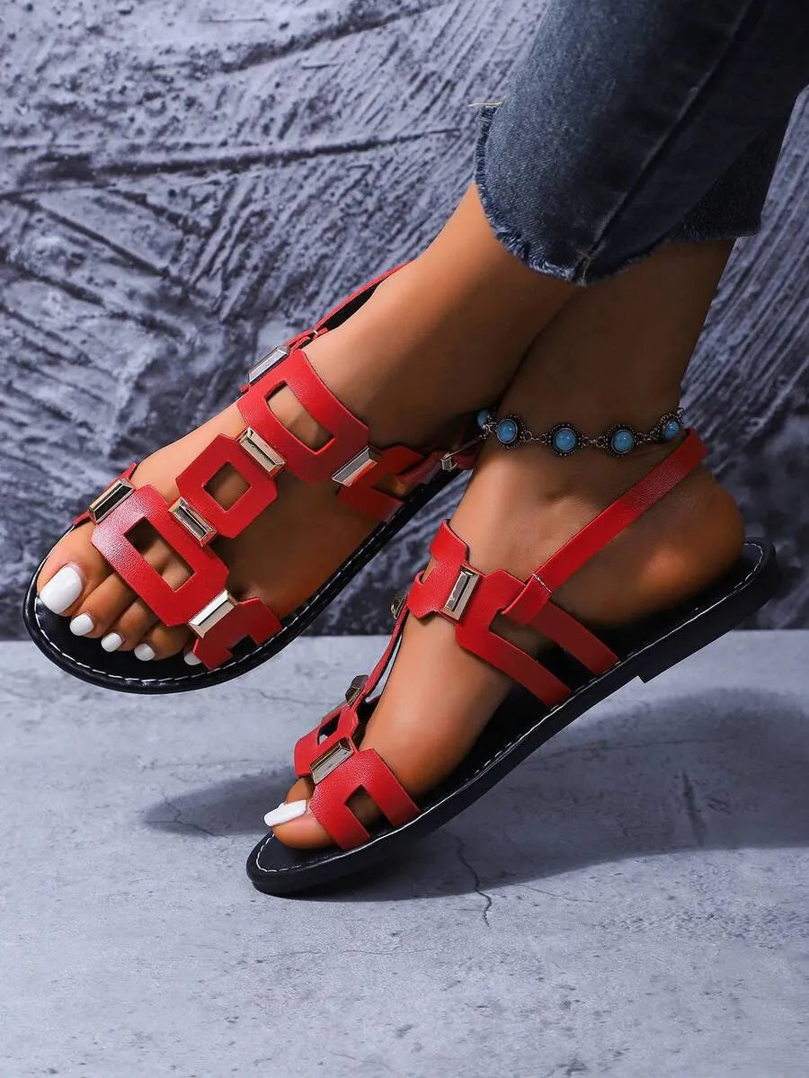 Women's Rivet Hollow-Out Comfortable Flat Sandals, Gladiator Sandals, Summer, Solid Color Bohemian PU Leather Rivet Buckle Flat Sandals For Beach