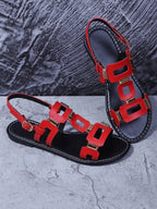 Women's Rivet Hollow-Out Comfortable Flat Sandals, Gladiator Sandals, Summer, Solid Color Bohemian PU Leather Rivet Buckle Flat Sandals For Beach
