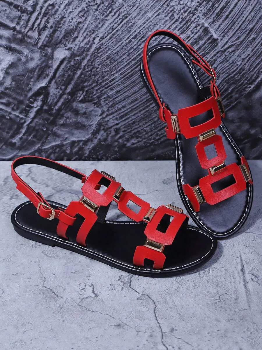 Women's Rivet Hollow-Out Comfortable Flat Sandals, Gladiator Sandals, Summer, Solid Color Bohemian PU Leather Rivet Buckle Flat Sandals For Beach