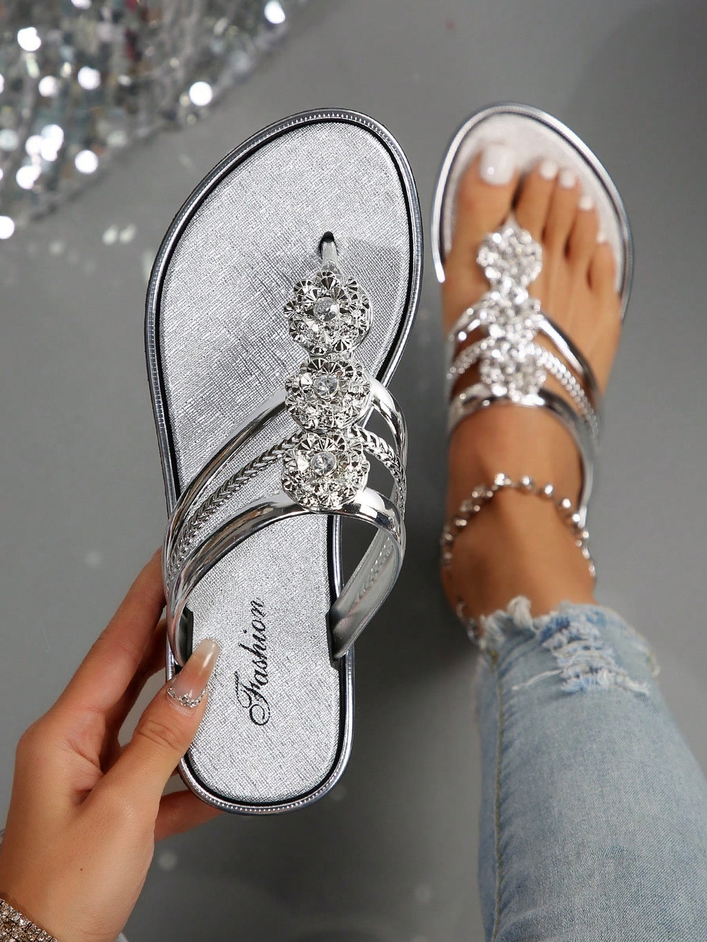 Summer Elegant Flat Sandals and Flip-Flops with Rhinestone Accents