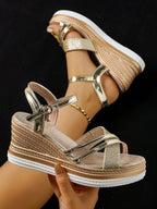 New Summer Women's Chunky-Heeled Sandals, Bohemian Style, Sexy Rhinestone Design, Comfortable and Lightweight, Height-Enhancing, Beach Sandals